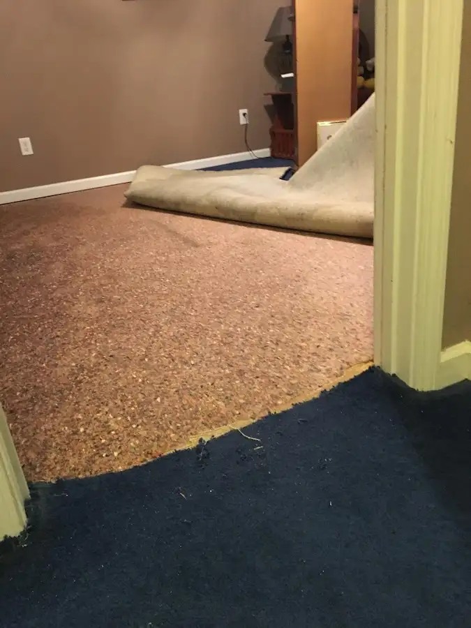 Carpet pad removal revealing water damage during Water Mitigation Services in Norwalk